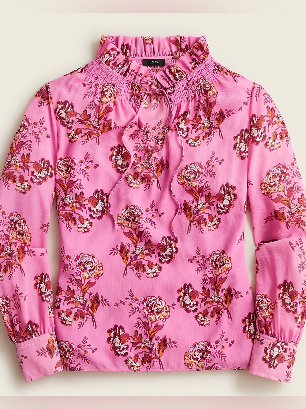 J. Crew Pink Floral Tie-Neck Smocked Blouse